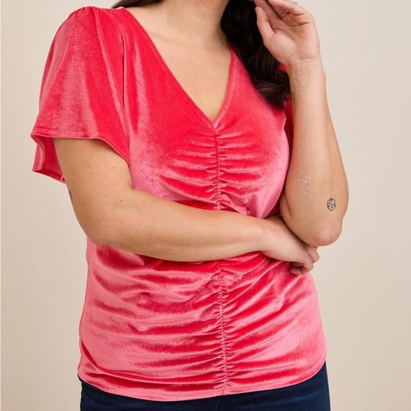 NWT Torrid Size 1X Stretch Velvet Shirred-Front Flutter Sleeve Top - Picture 1 of 4